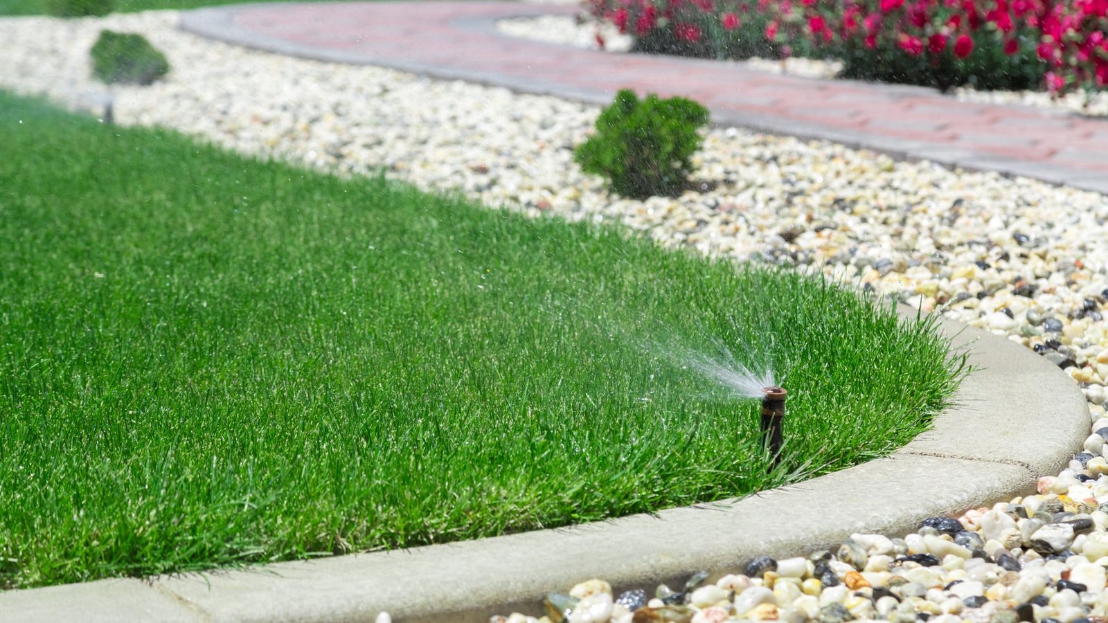 Lawn irrigation spraying water in green lawn