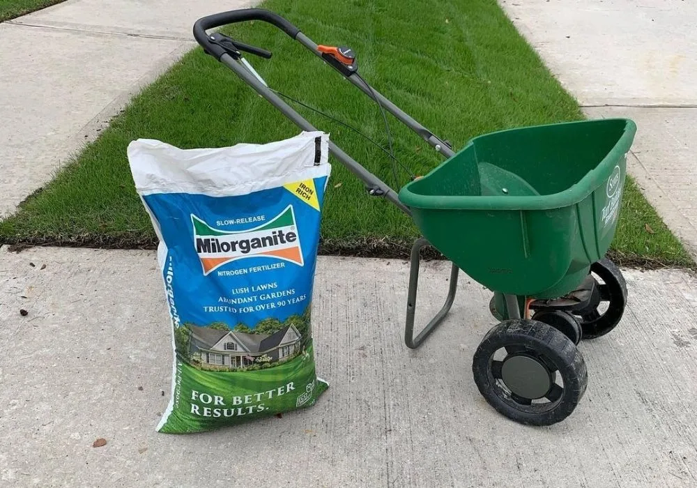Granular fertilizer bag and broadcast spreader placed on a well-maintained front lawn, ready for application