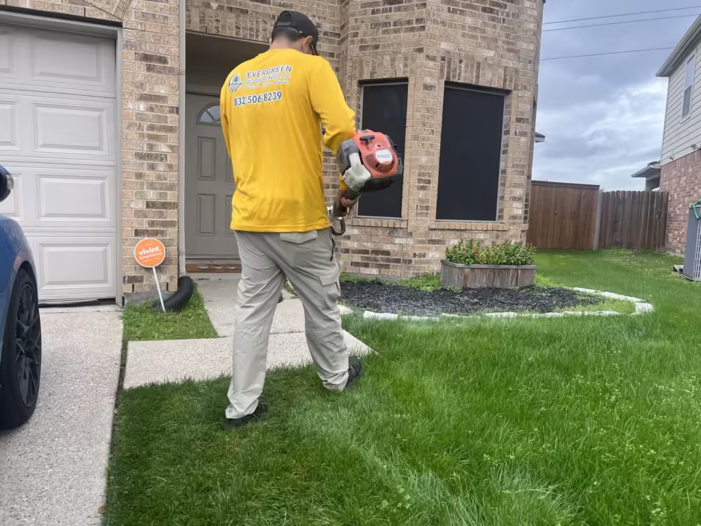 Gardener weedeating front lawn in houston texas residential suburbs