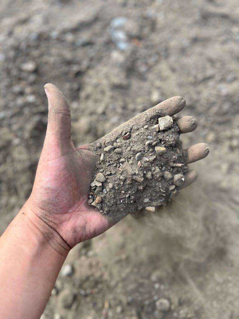 Hand holding dry, compacted soil with rocks and poor texture, illustrating unhealthy soil conditions lacking biology for lawns and gardens in Houston, Texas.