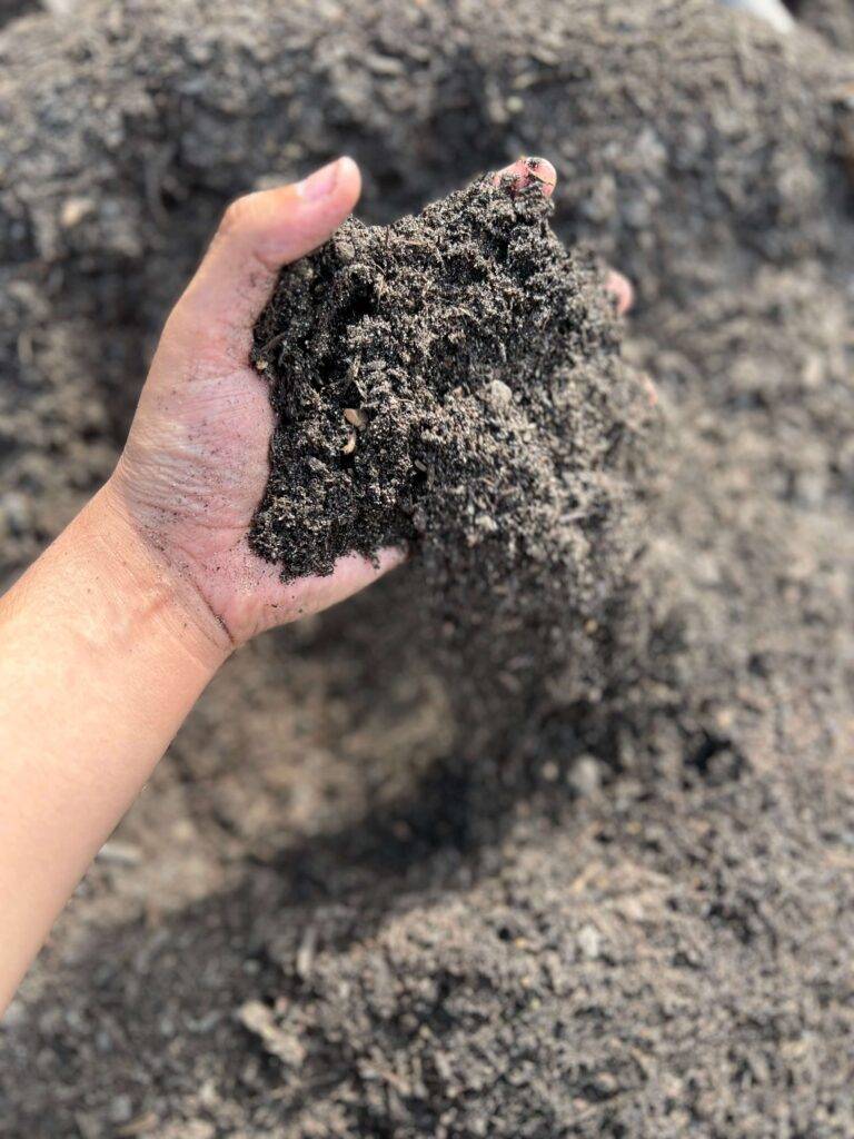 Hand holding rich, dark topsoil full of organic matter, showcasing healthy, biologically active soil ideal for lawns, garden beds, and landscaping in Houston, Texas.